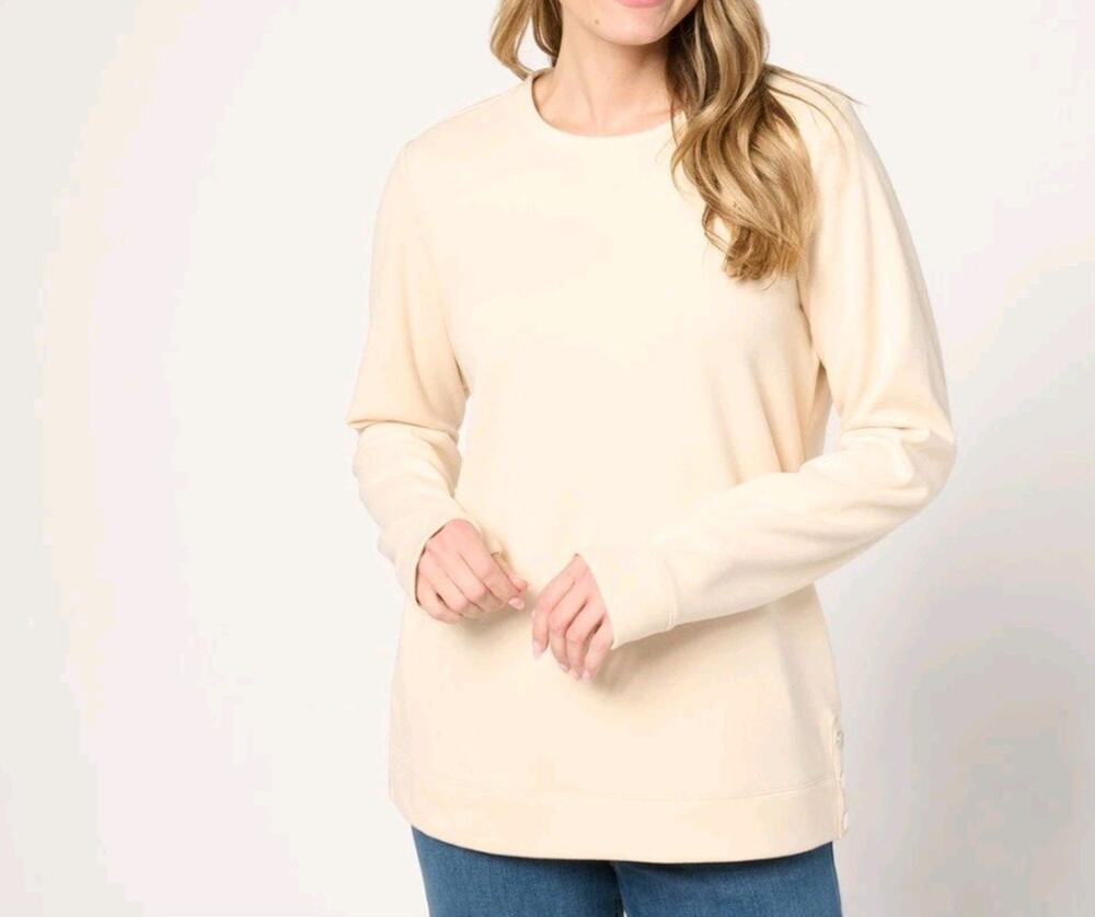Denim & Co Active Fleece Pullover Button Detail Size Large Cream A673750 NWOT